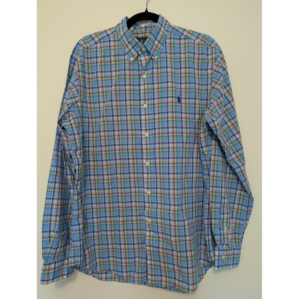 Ralph Lauren Mens Large Classic Fit Plaid Button Down Shirt Blue Madras Pony
